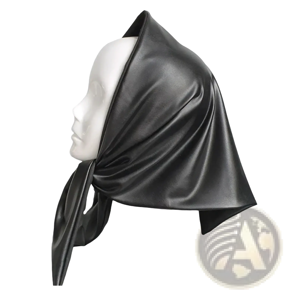 Black faux leather winter scarf head cover with sleek glossy finish and soft draping design