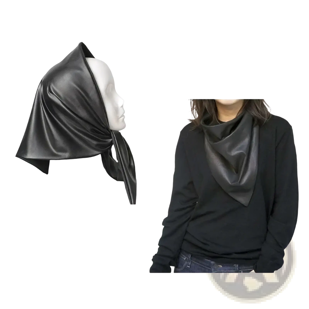Black faux leather winter scarf head cover with a sleek glossy finish and soft draping design