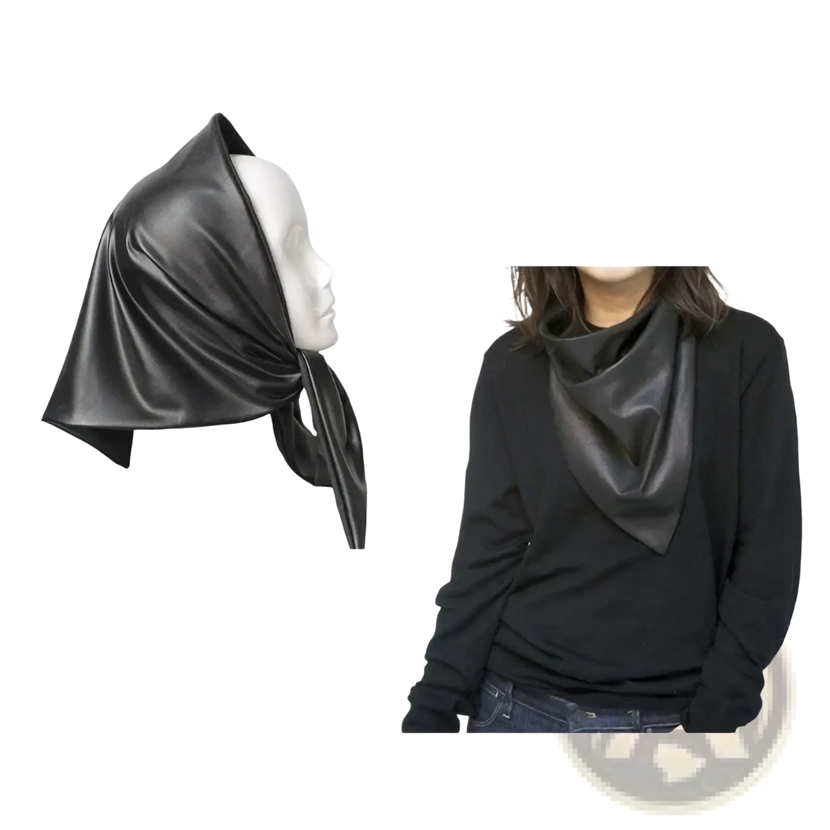 Black faux leather winter scarf head cover with a sleek glossy finish and soft draping design