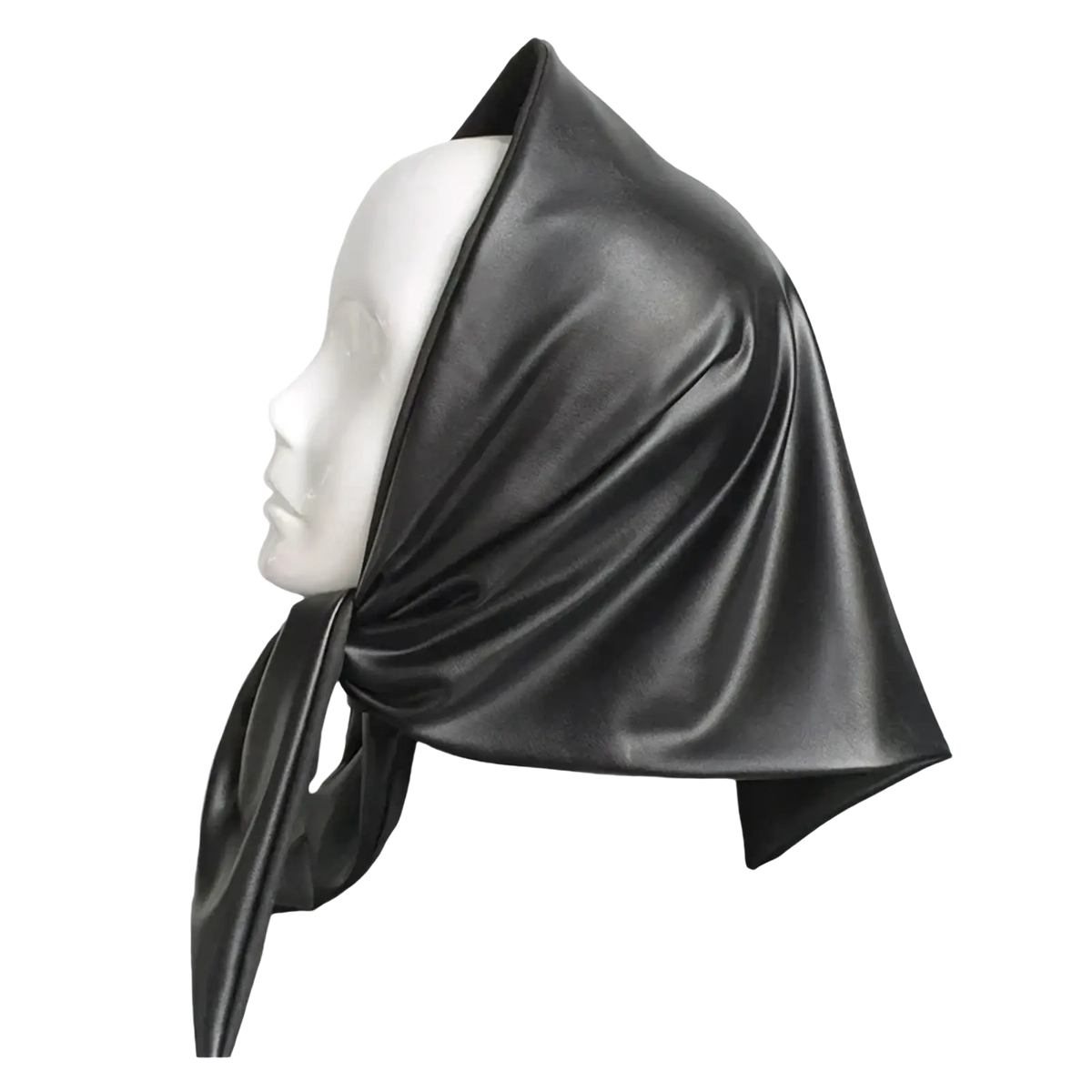 Black satin faux leather winter scarf head cover draped over a mannequin’s head for cold weather use