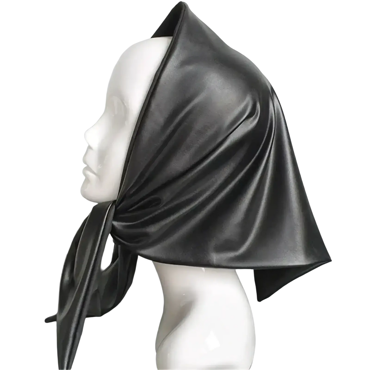 Black satin faux leather winter scarf head cover draped over a mannequin head for cold weather use
