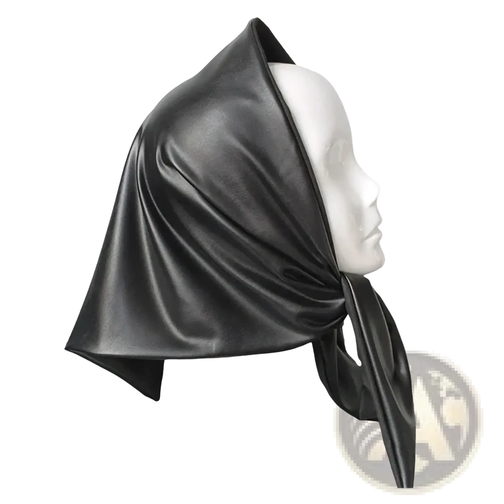 Black satin faux leather winter scarf head cover draped over mannequin with soft folds and tied end