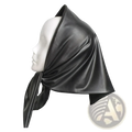 Black satin faux leather winter scarf head cover draped over a mannequin’s head for cold weather use