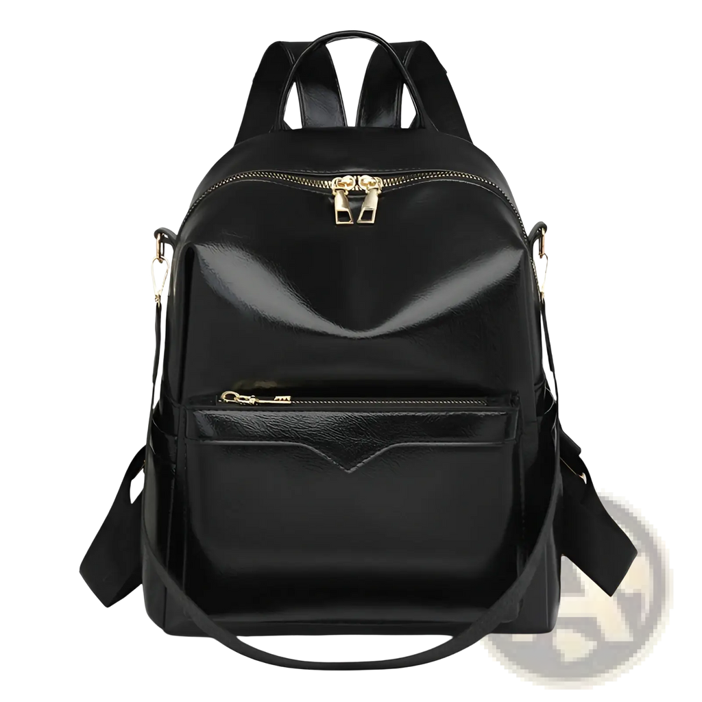 Black glossy faux leather women’s large capacity commuter backpack with gold-tone zippers and adjustable straps