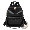 Black glossy faux leather women’s large capacity commuter backpack with gold-tone zippers and adjustable straps