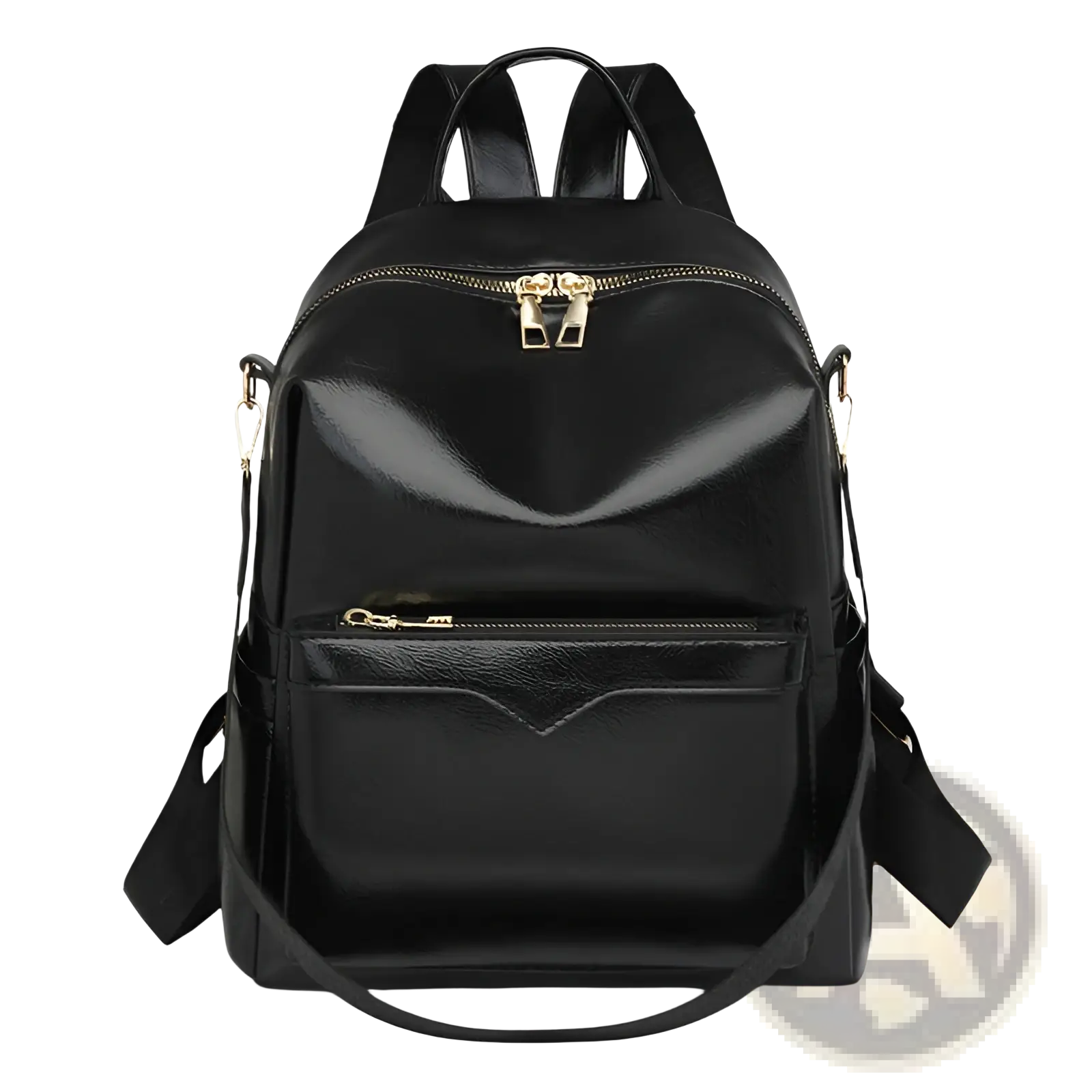 Black glossy faux leather women’s large capacity commuter backpack with gold-tone zippers and adjustable straps