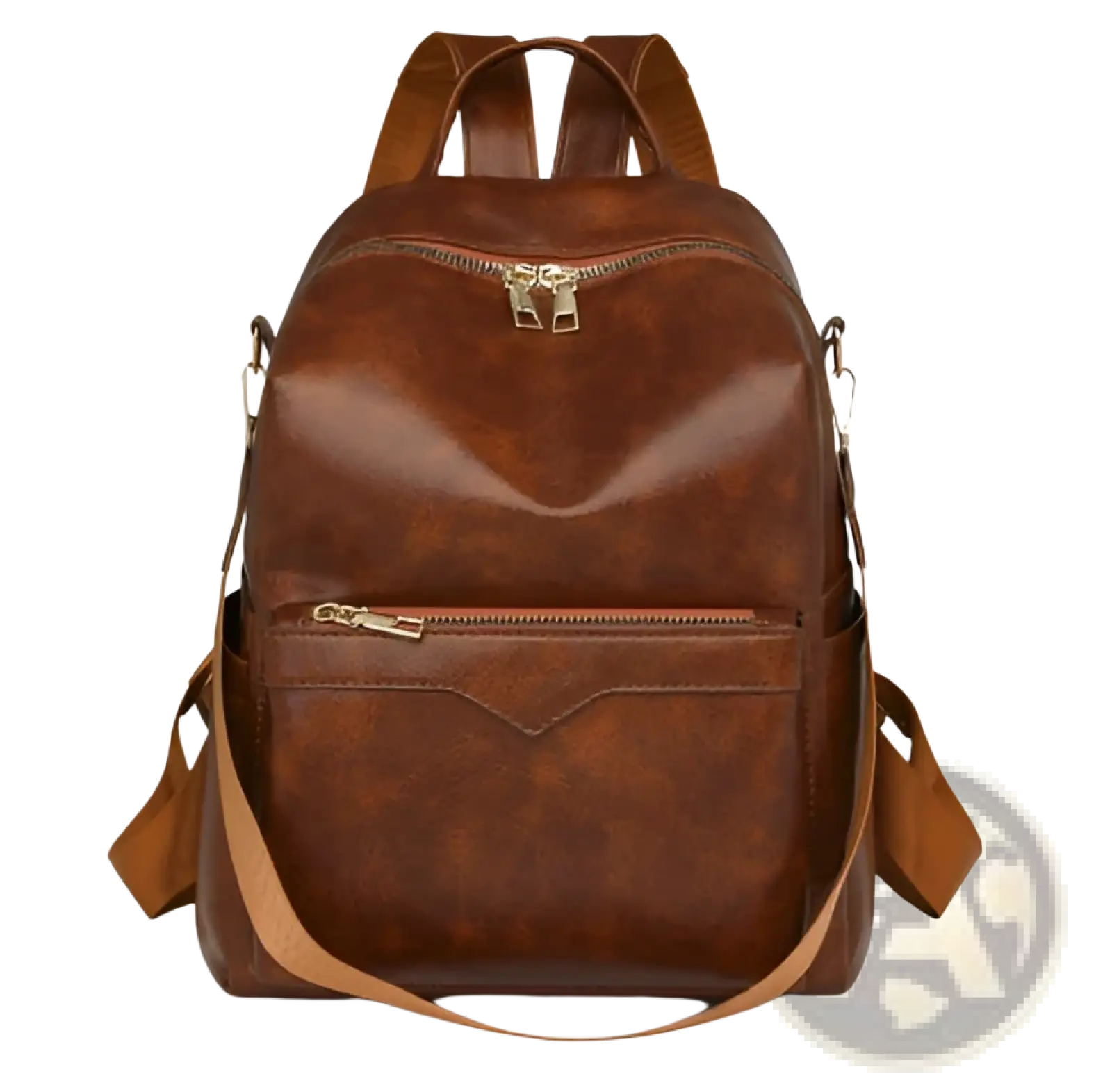 Brown faux leather women’s large capacity commuter backpack with gold-tone zippers and adjustable shoulder straps