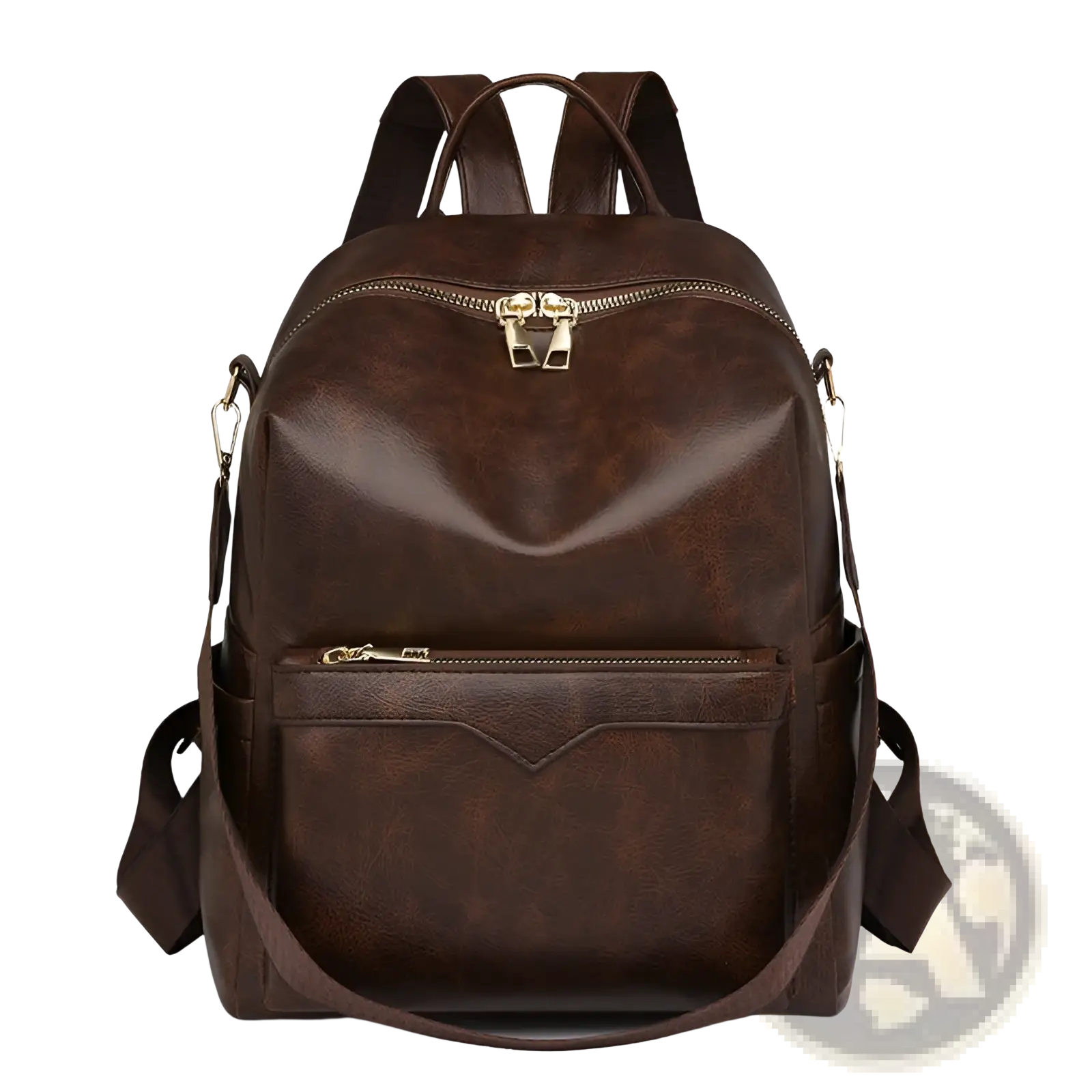 Brown faux leather women’s large capacity commuter backpack with gold-tone zippers and adjustable straps