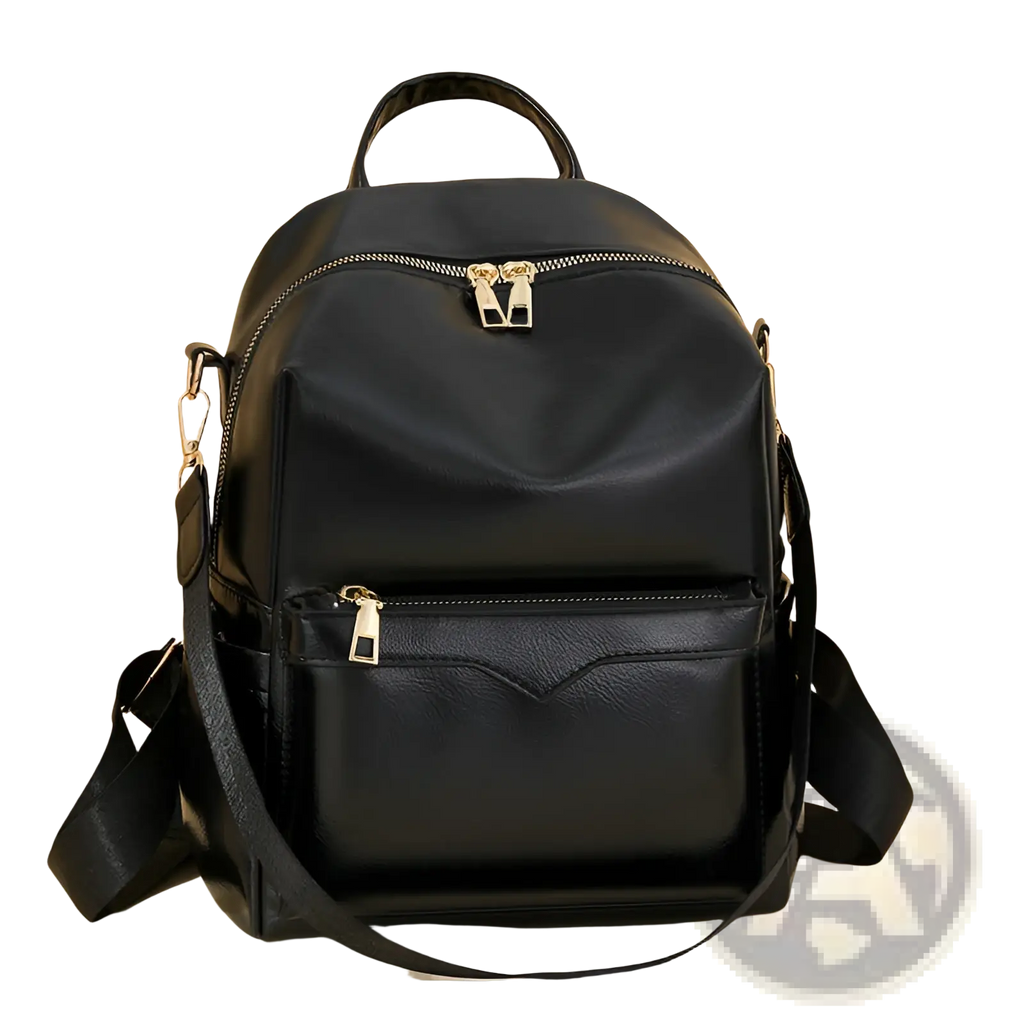 Black faux leather women’s large capacity commuter backpack with gold-tone zippers and adjustable shoulder straps