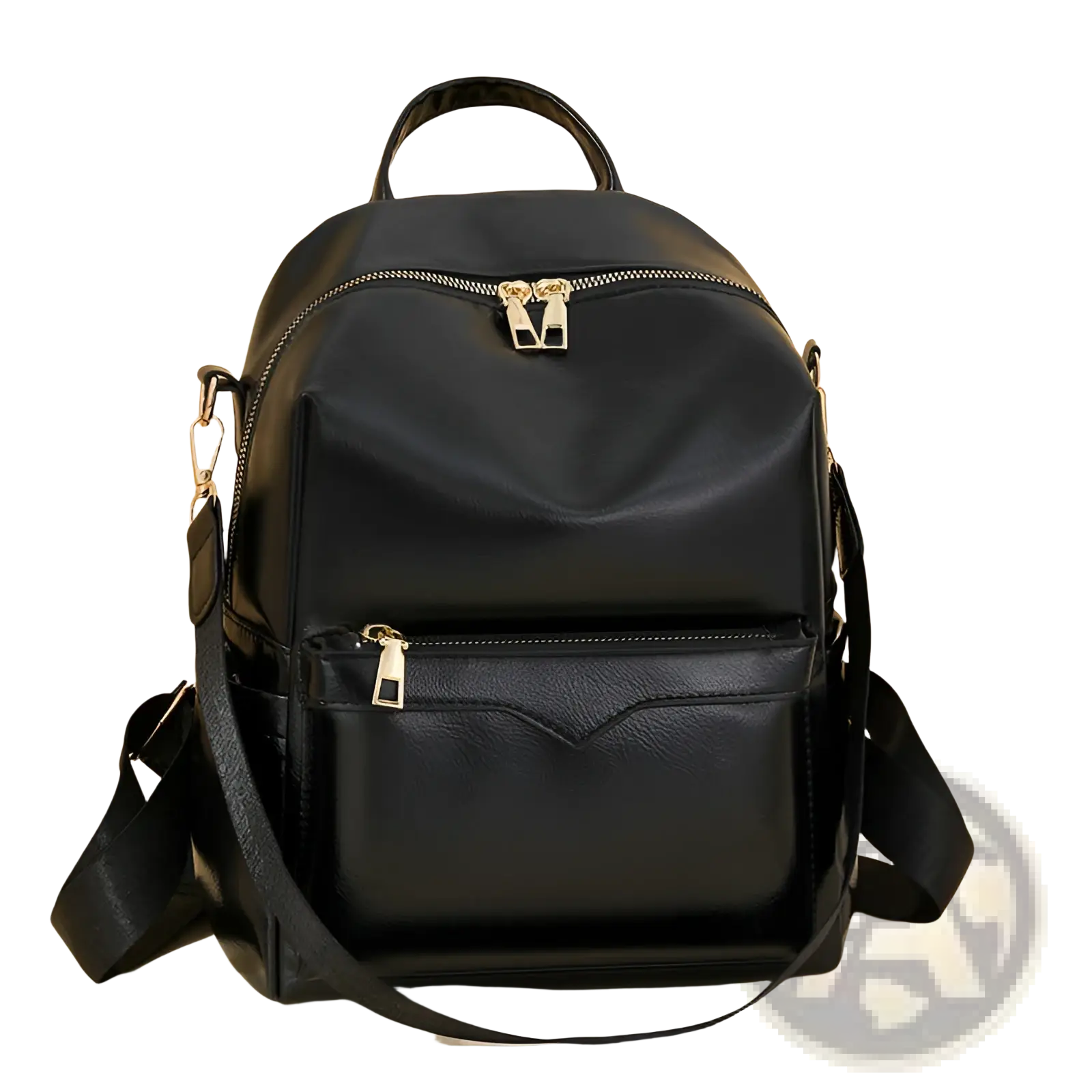 Black faux leather women’s large capacity commuter backpack with gold-tone zippers and adjustable shoulder straps