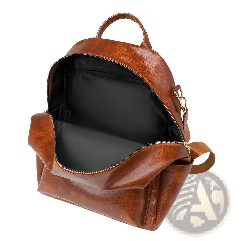 Brown faux leather women’s large capacity commuter backpack with gold-toned zippers and a top handle
