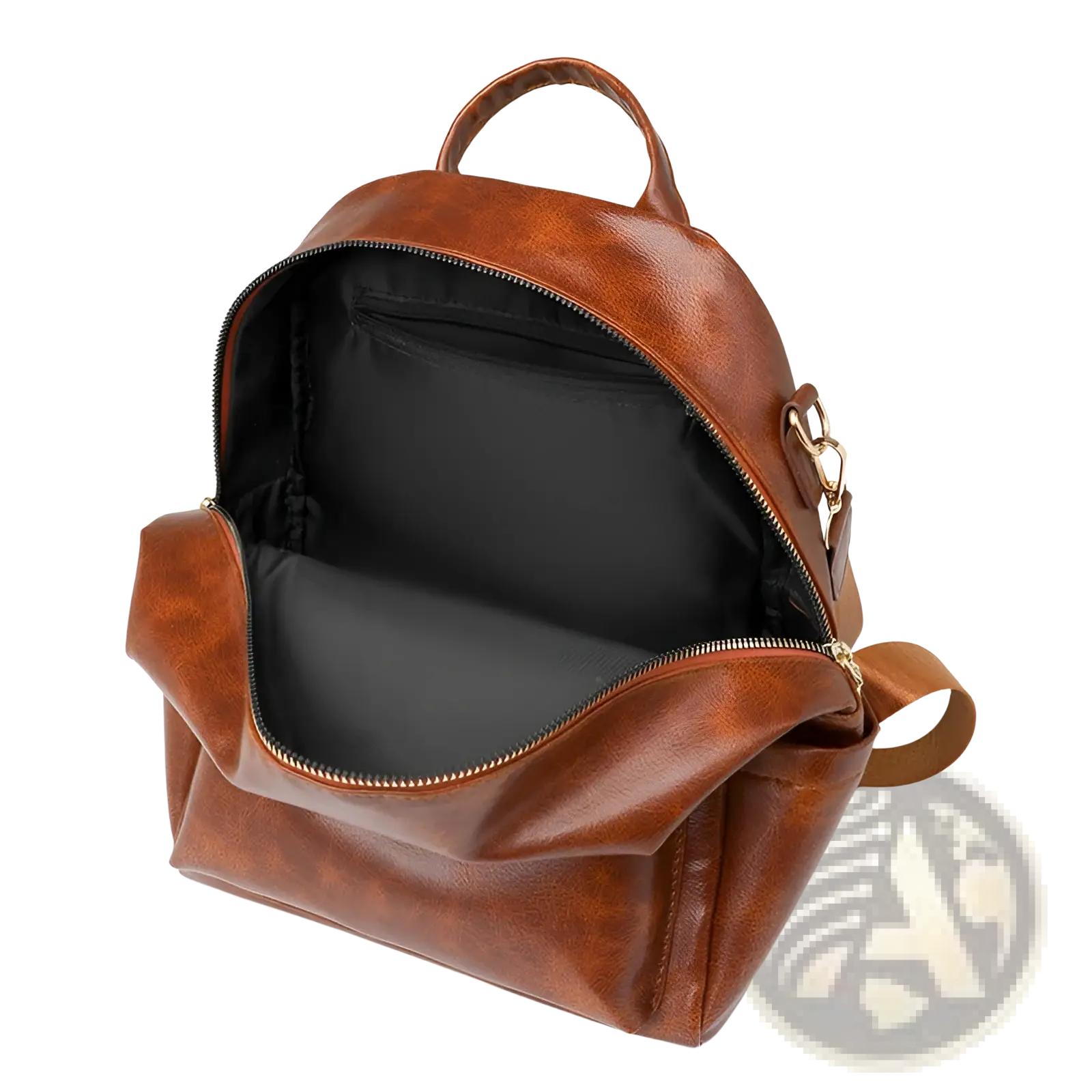 Brown faux leather women’s large capacity commuter backpack with gold-toned zippers and a top handle