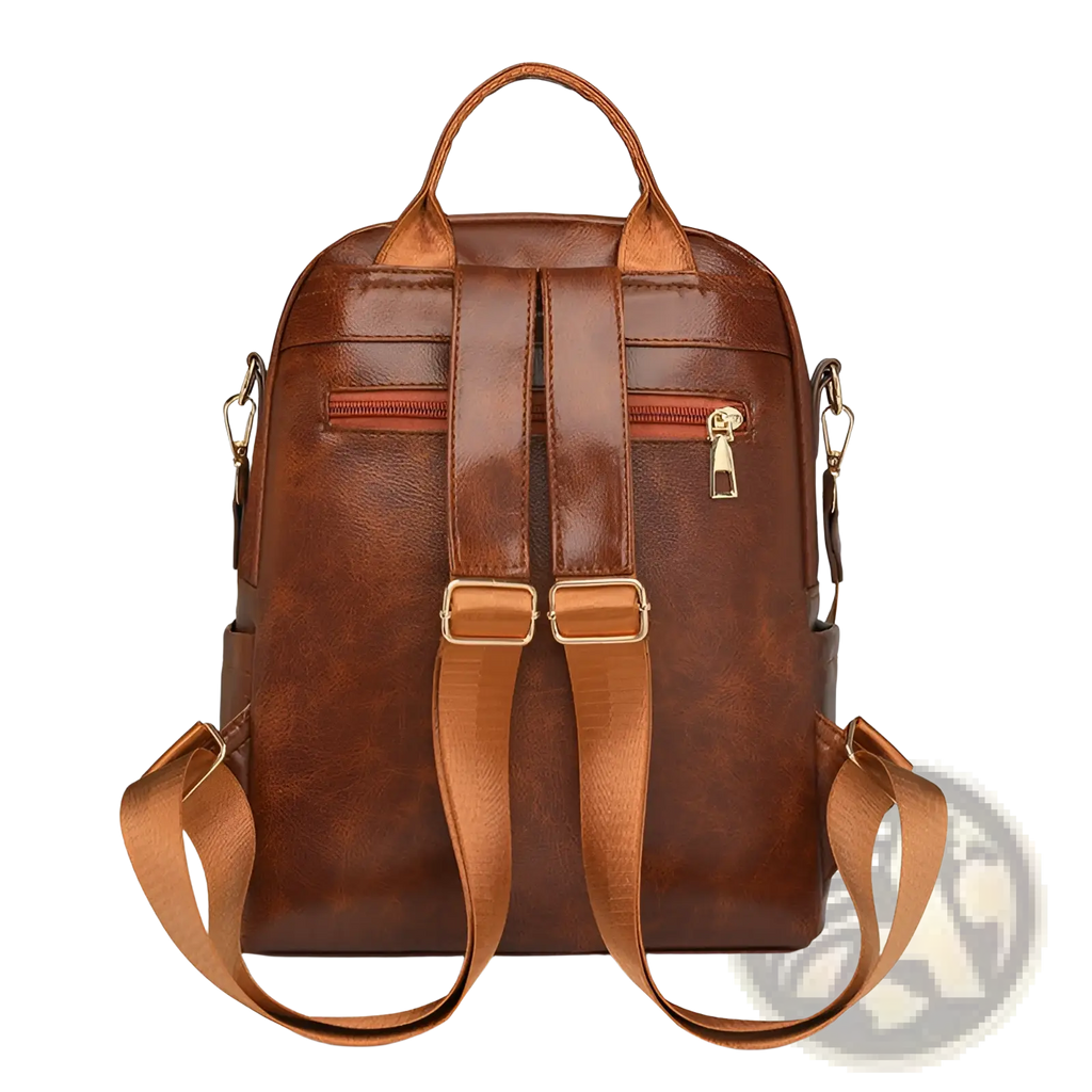 Brown faux leather women’s large capacity commuter backpack with adjustable straps and gold tone hardware