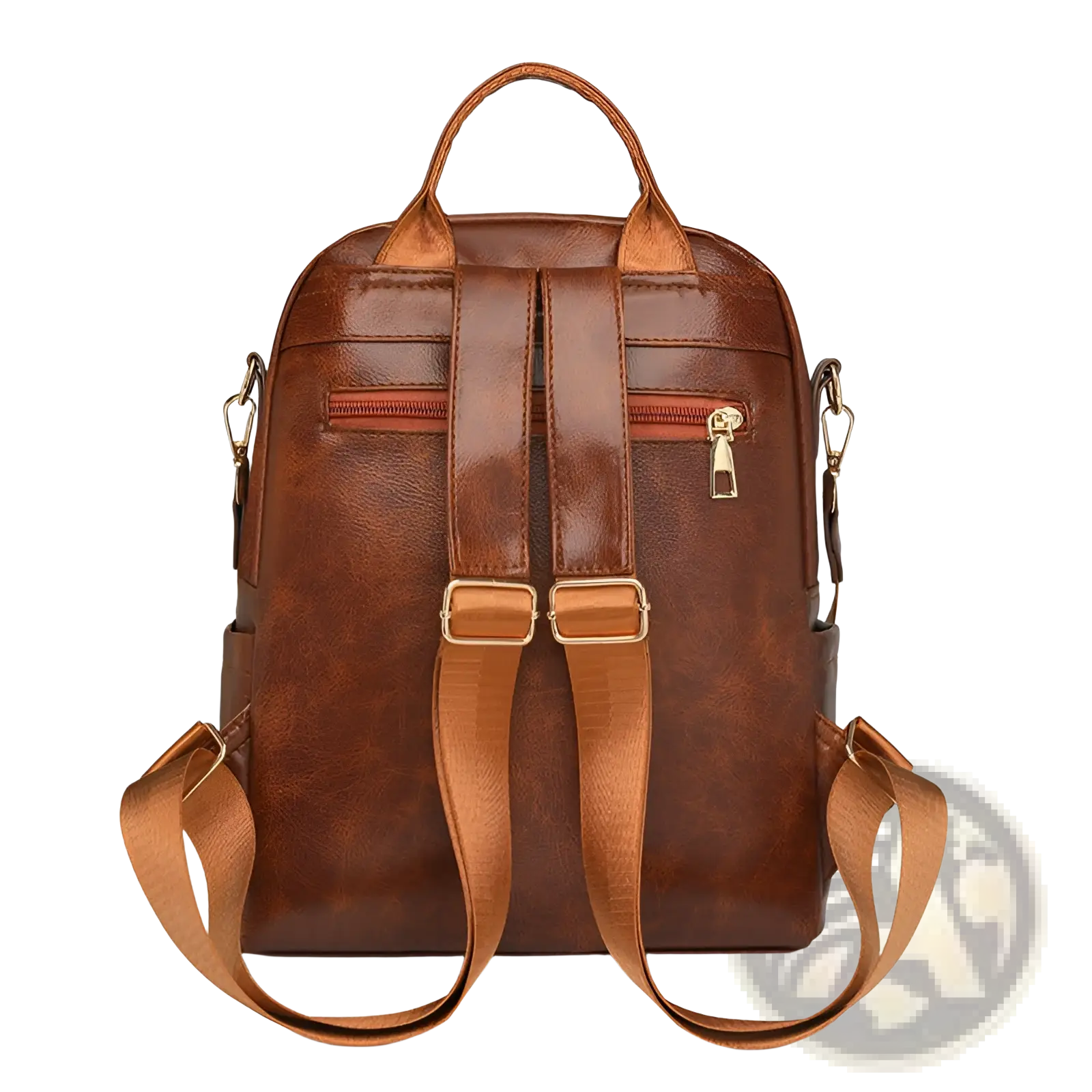 Brown faux leather women’s large capacity commuter backpack with adjustable straps and gold tone hardware