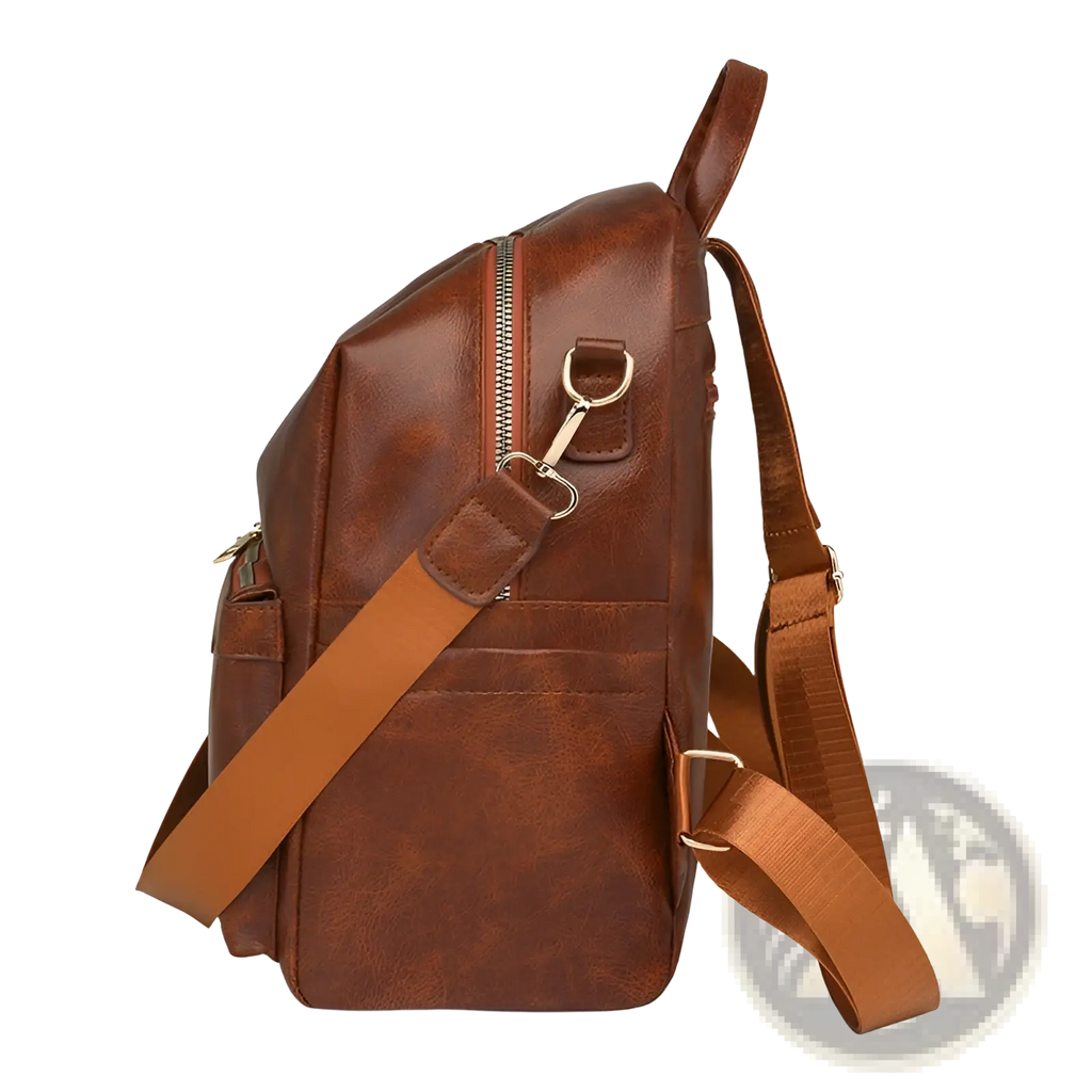 Brown faux leather women’s large capacity commuter backpack with adjustable straps and silver-toned zippers