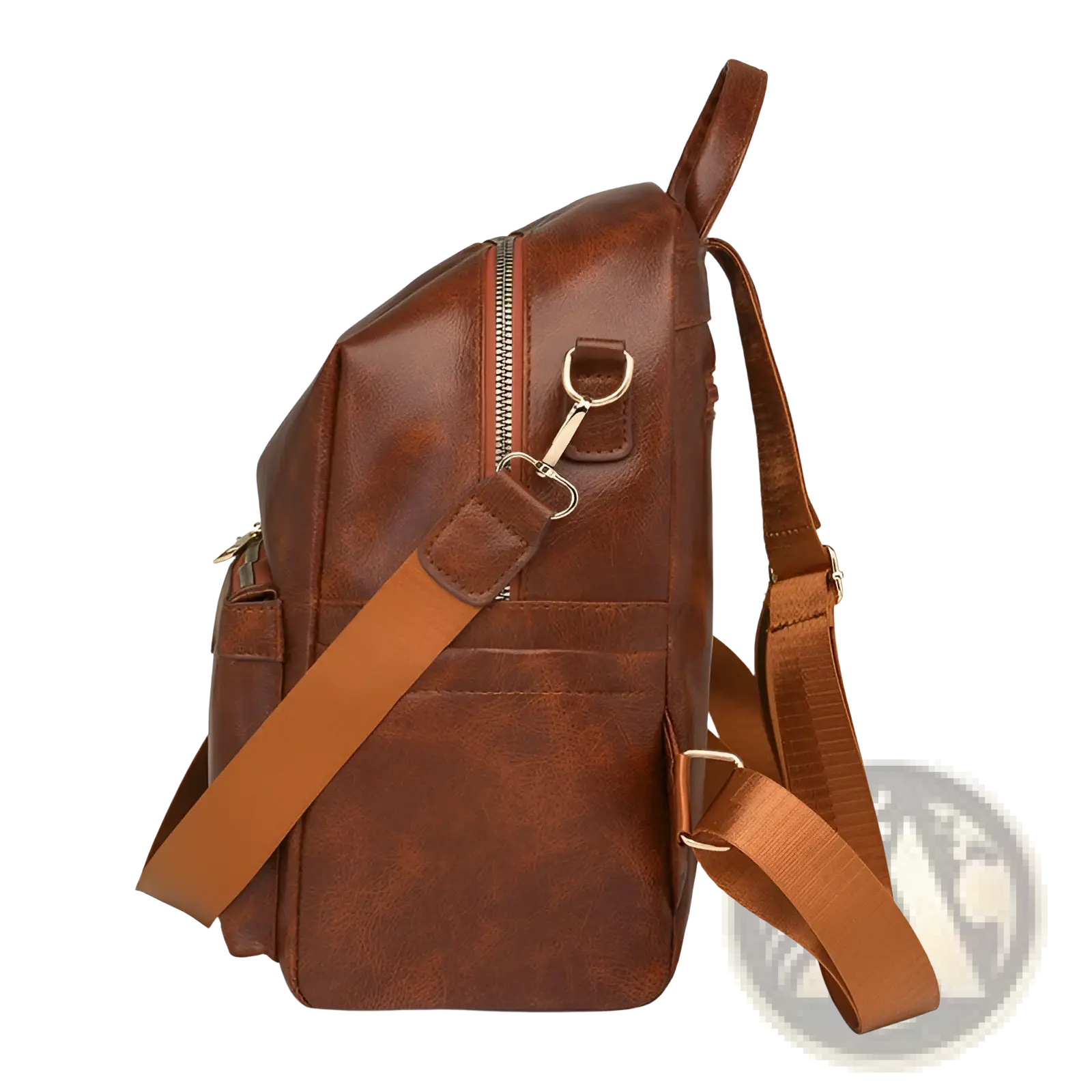 Brown faux leather women’s large capacity commuter backpack with adjustable straps and silver-toned zippers