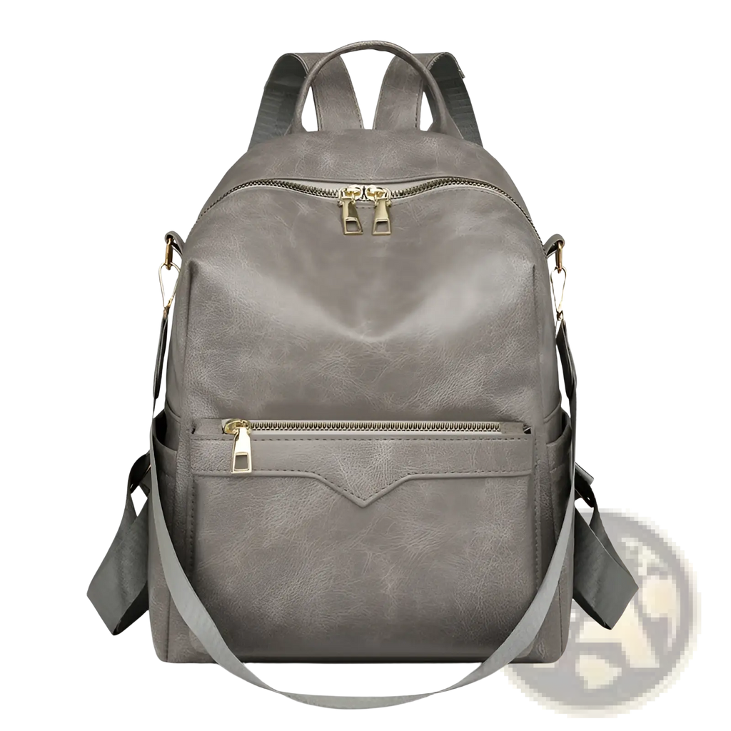 Gray faux leather women’s large capacity commuter backpack with gold-tone zippers and adjustable shoulder straps
