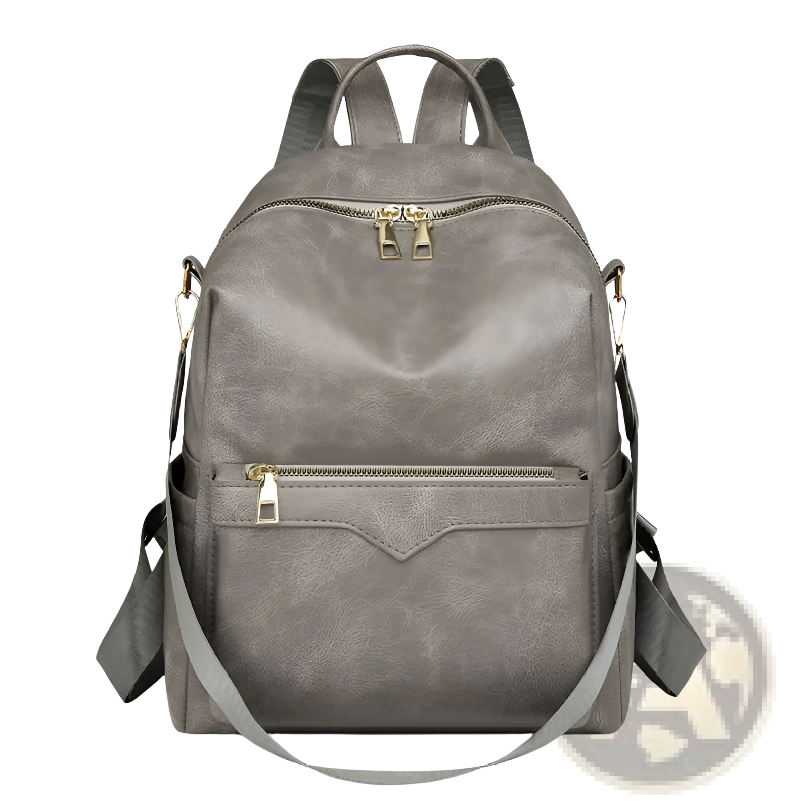 Gray faux leather women’s large capacity commuter backpack with gold-tone zippers and adjustable shoulder straps