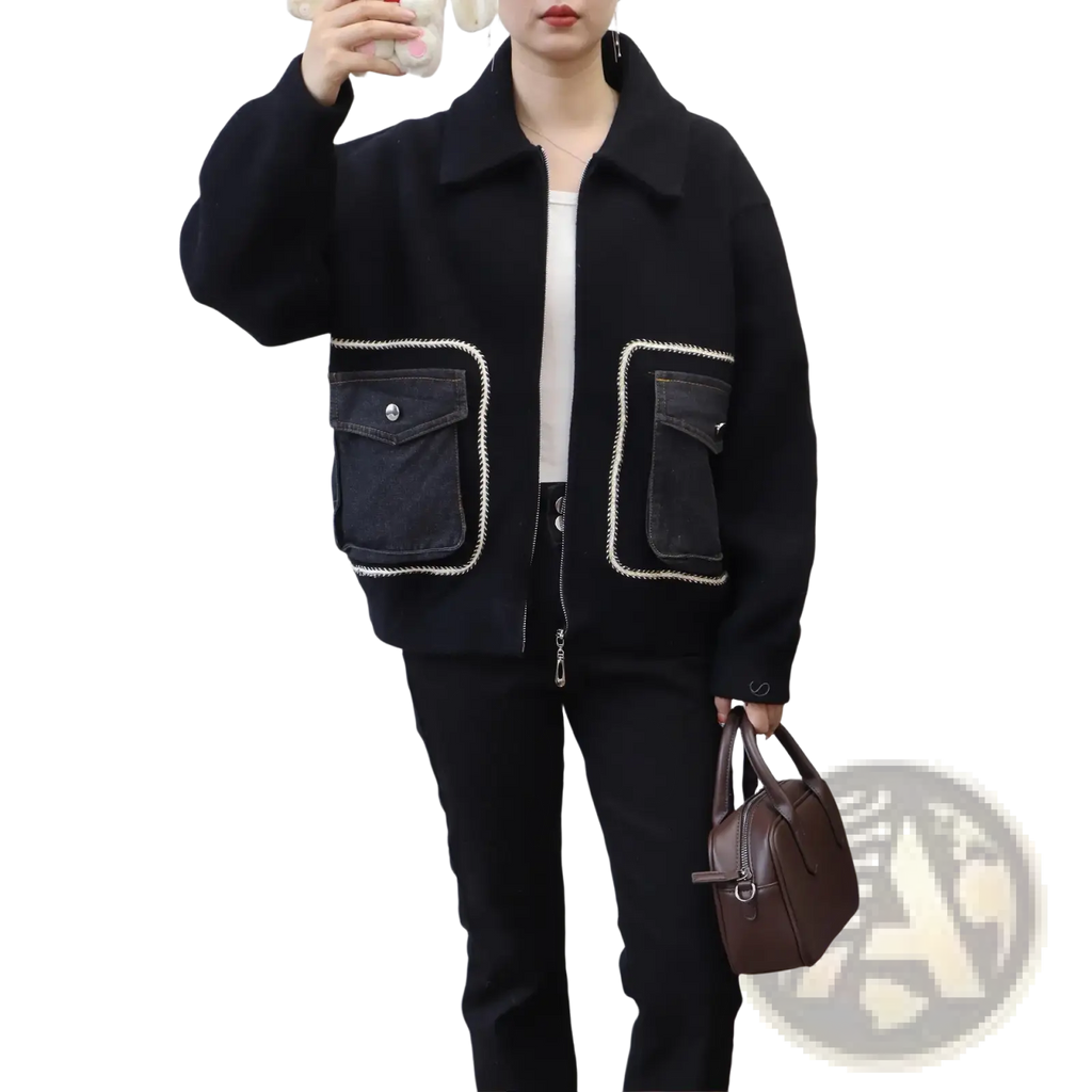 Black wool-blend faux shearling jacket with denim patch pockets white stitching and silver buttons front view