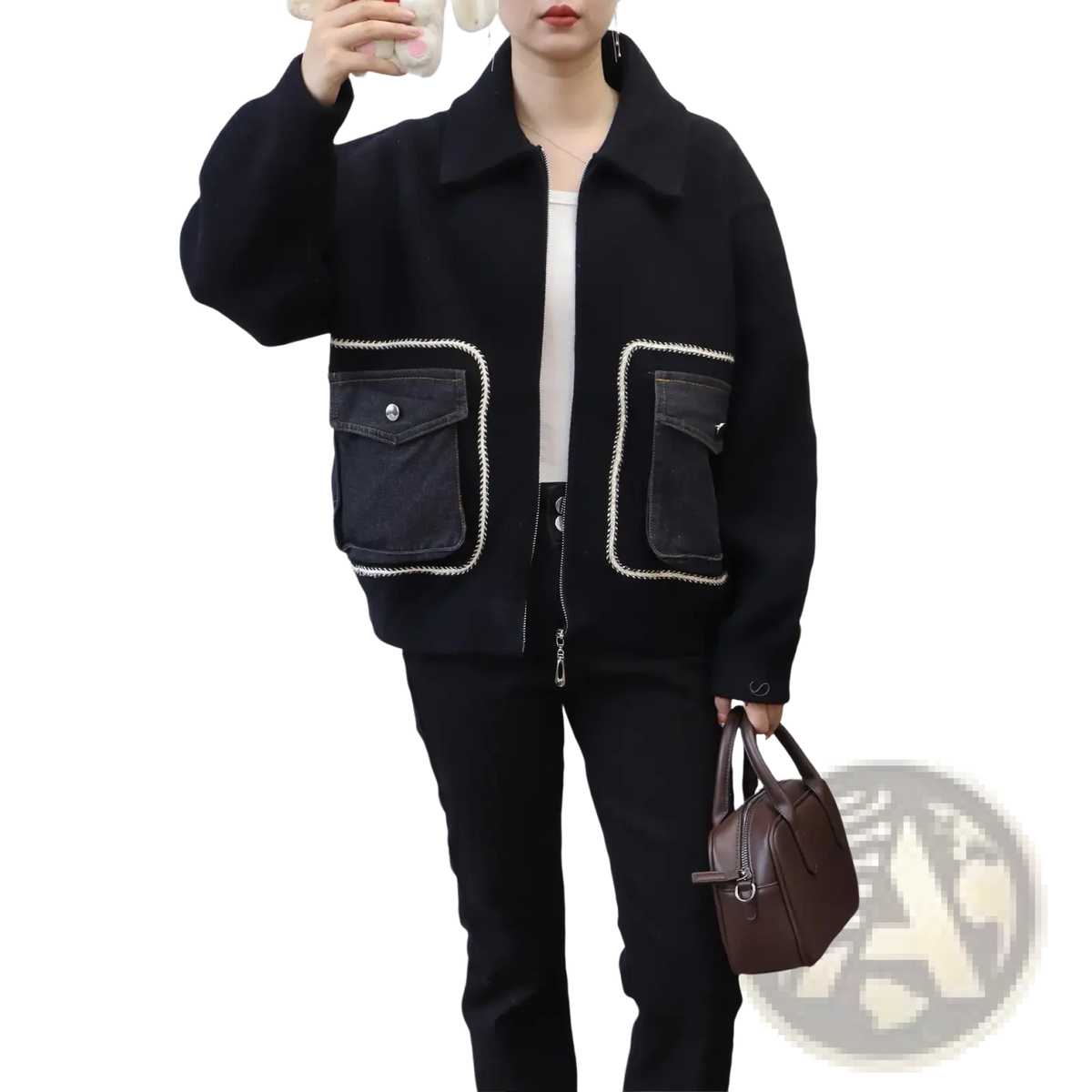 Black wool-blend faux shearling jacket with denim patch pockets white stitching and silver buttons front view