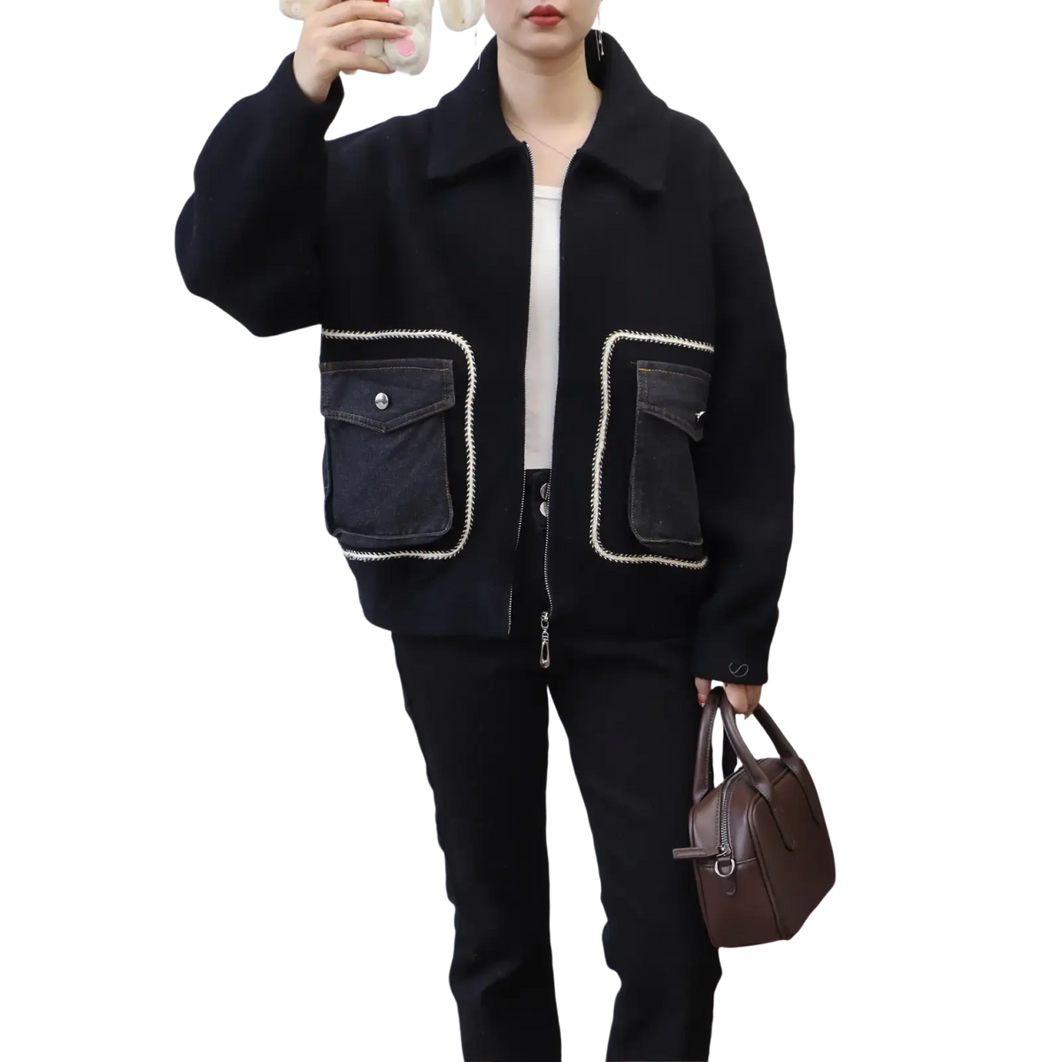 Black wool-blend faux shearling jacket with denim patch pockets white stitching and silver buttons front view