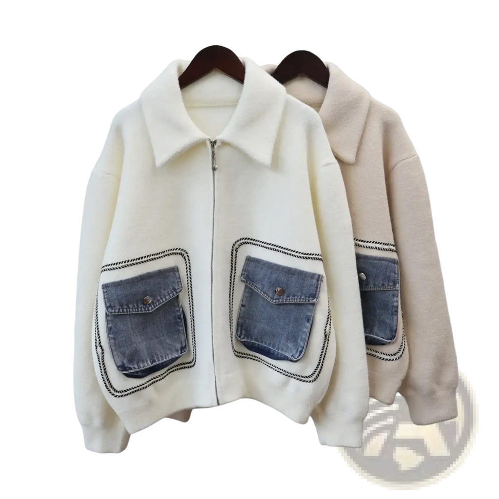 Cream-colored faux shearling jacket with denim patch pockets and black stitched trim for casual wear