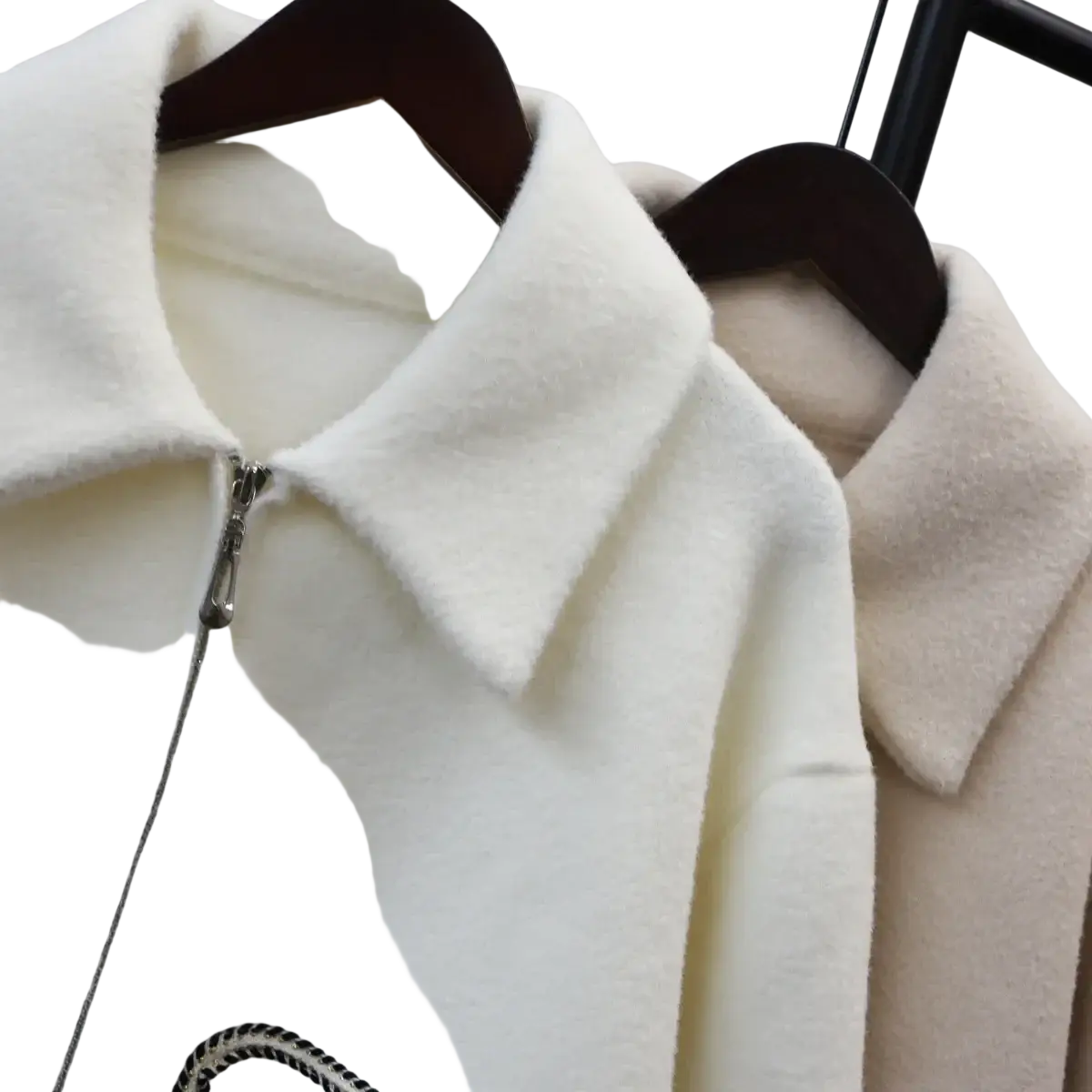 Cream-colored plush faux fur faux shearling denim pocket jacket with classic collar and front zipper closure
