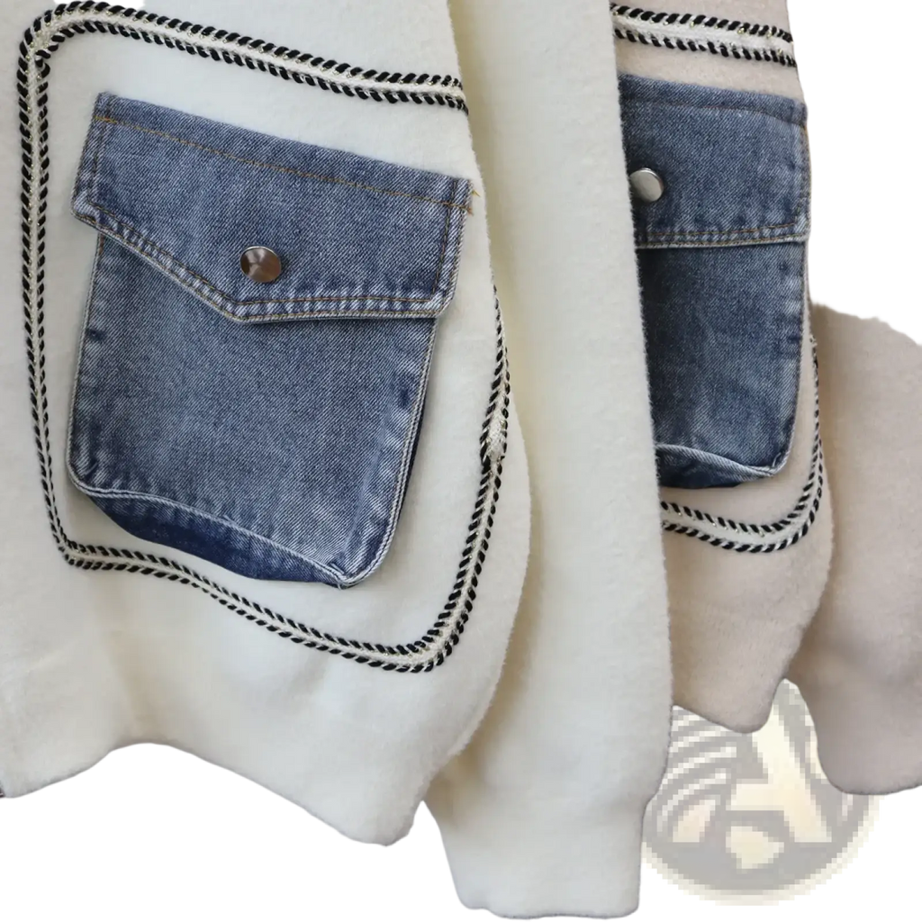 White faux shearling jacket with denim patch pockets and black-trimmed stitching for stylish outerwear use