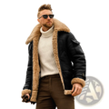 Black faux shearling leather bomber jacket with tan fleece collar and cuffs featuring aviation style design