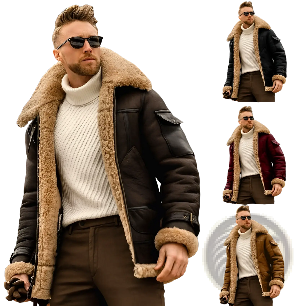 Black leather bomber jacket with tan faux shearling lining and cuffs for stylish warm outerwear