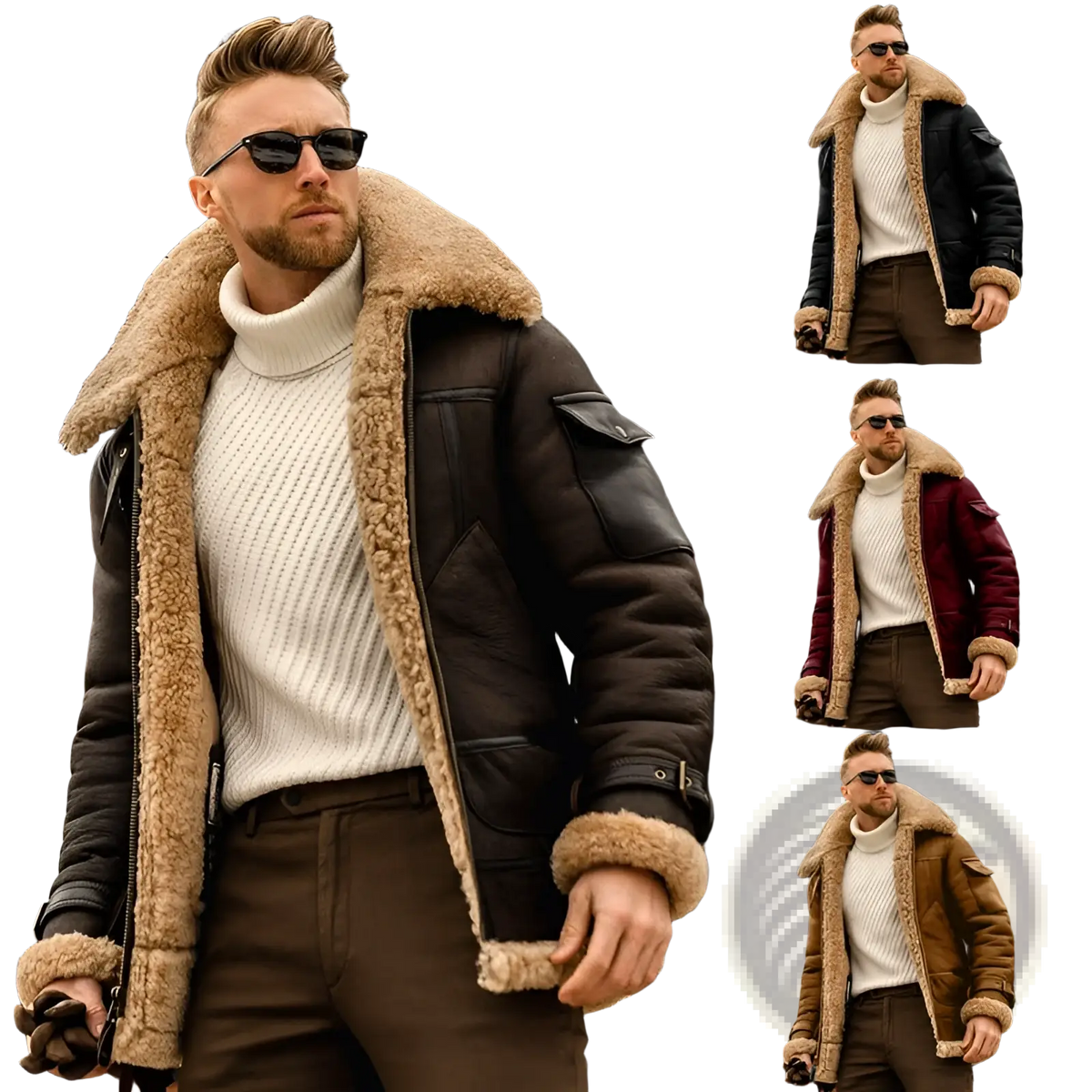 Black leather bomber jacket with tan faux shearling lining and cuffs for stylish warm outerwear