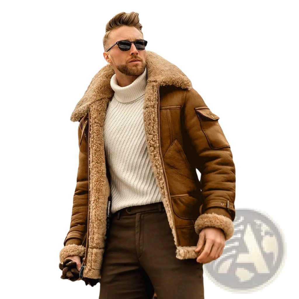 Brown faux shearling leather bomber jacket with shearling-lined plush tan fleece collar and cuffs