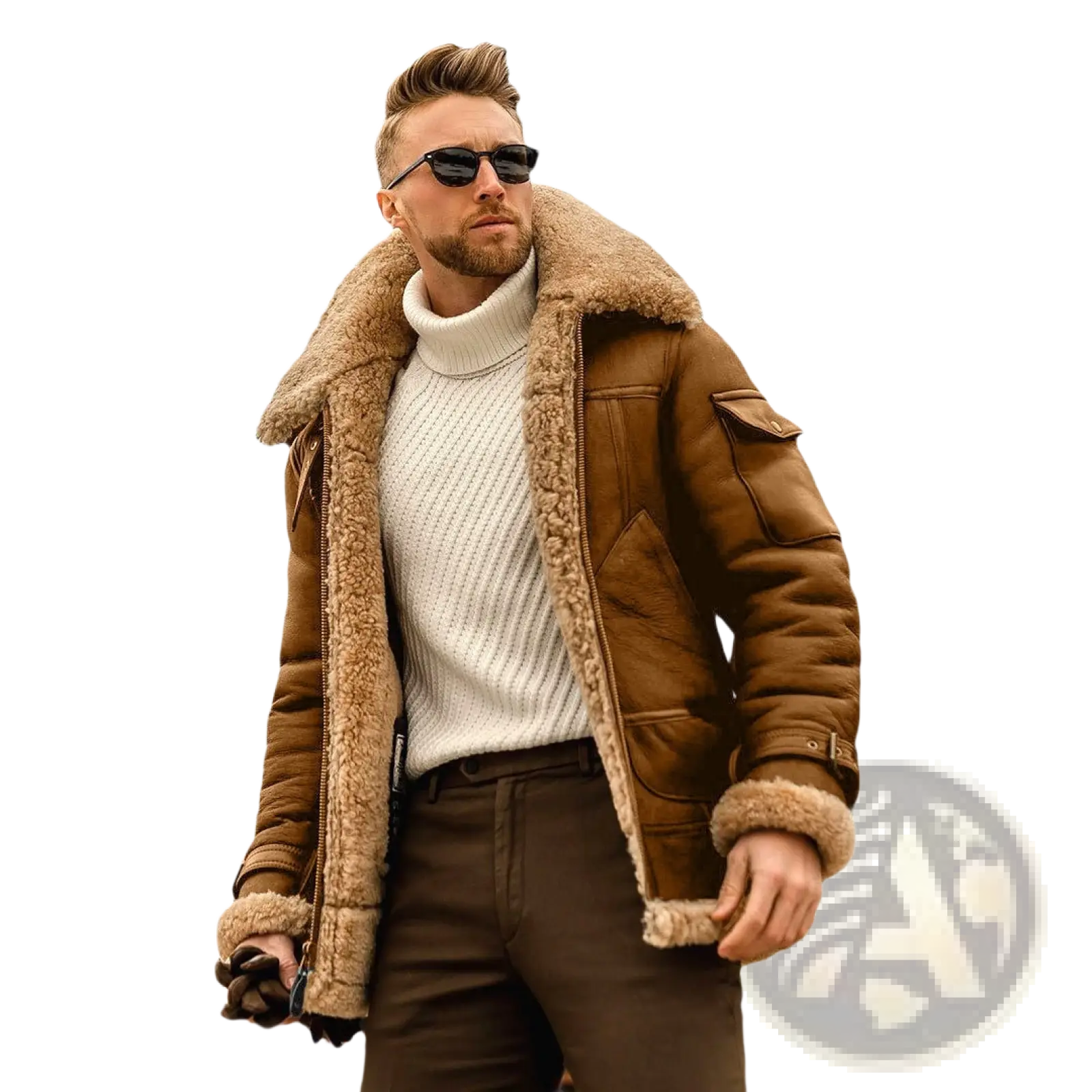 Brown faux shearling leather bomber jacket with shearling-lined plush tan fleece collar and cuffs