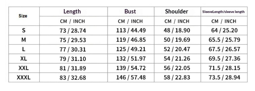 The table displays size measurements in centimeters and inches for a men linen hooded cardigan shirt with dimensions across length bust shoulder and sleeve lengths for sizes S through XXXL.