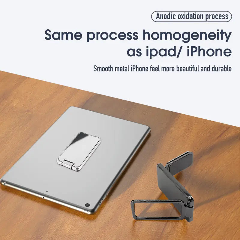 silver anodized metal magnetic phone ring holder foldable desktop stand with sleek minimalist design and foldable structure