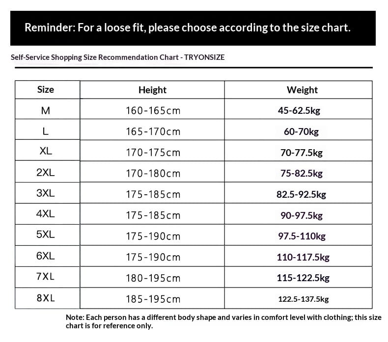 self-service shopping size recommendation chart for mens relaxed fit denim joggers with drawstring waist showing sizes from m to 8xl with corresponding height and weight ranges.