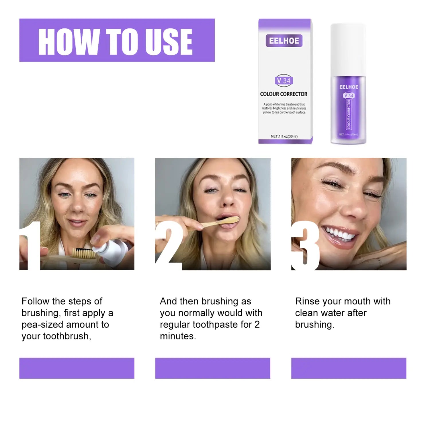 purple eelhoe v34 teeth whitening toothpaste with purple color corrector for brightening teeth.