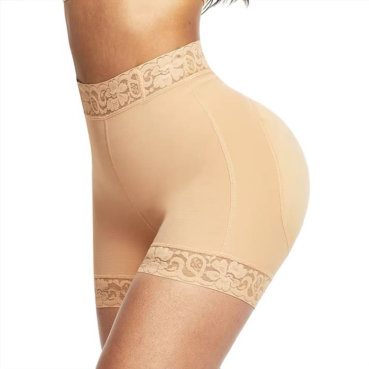Beige lace-trimmed high waist shapewear shorts designed as a butt enhancer shown from the back side.
