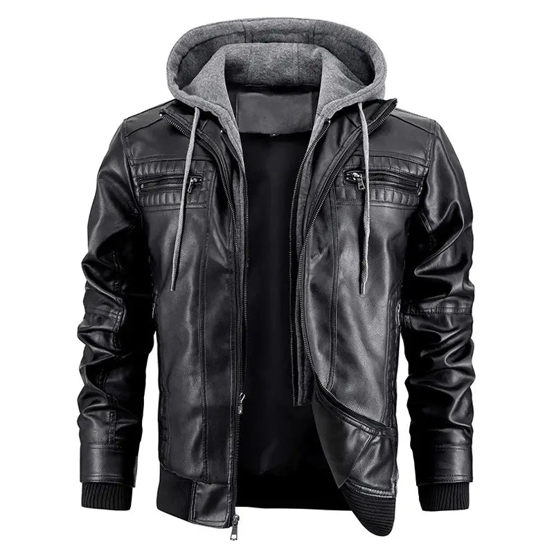 Veste en similicuir PU à capuche pour homme noire avec doublure en polaire grise et cordons de serrage