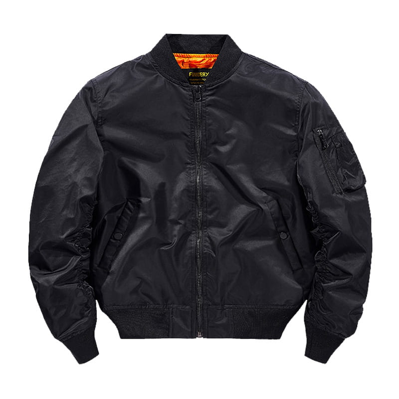 Men’s retro loose flight bomber jacket in black shiny nylon with an orange-lined collar and subtle branding on the inner tag suitable for workwear.