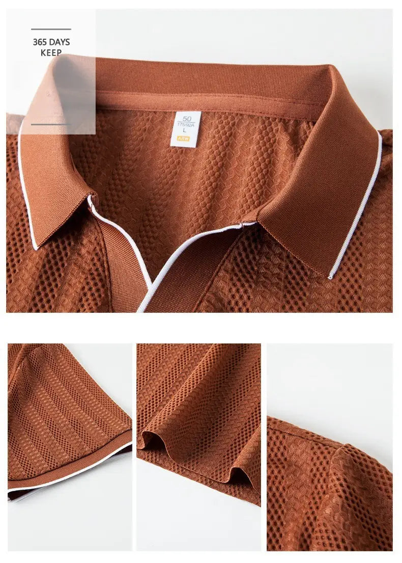 brown mesh men’s textured ice silk polo shirt with white trim on collar and placket