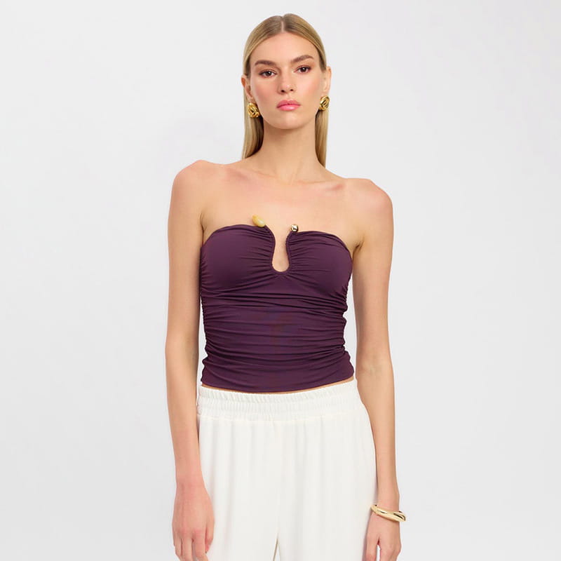 Purple ruched strapless crop top with keyhole neckline and gold-tone button accents for stylish casual wear.
