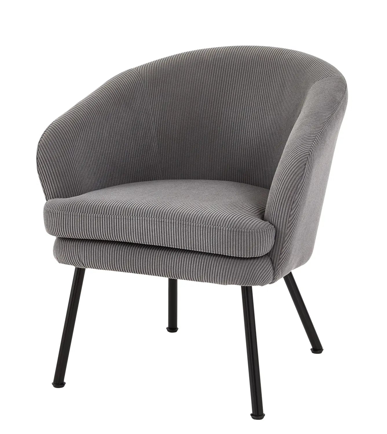 gray corduroy barrel chair featuring black metal legs and a curved backrest for stylish and comfortable seating.