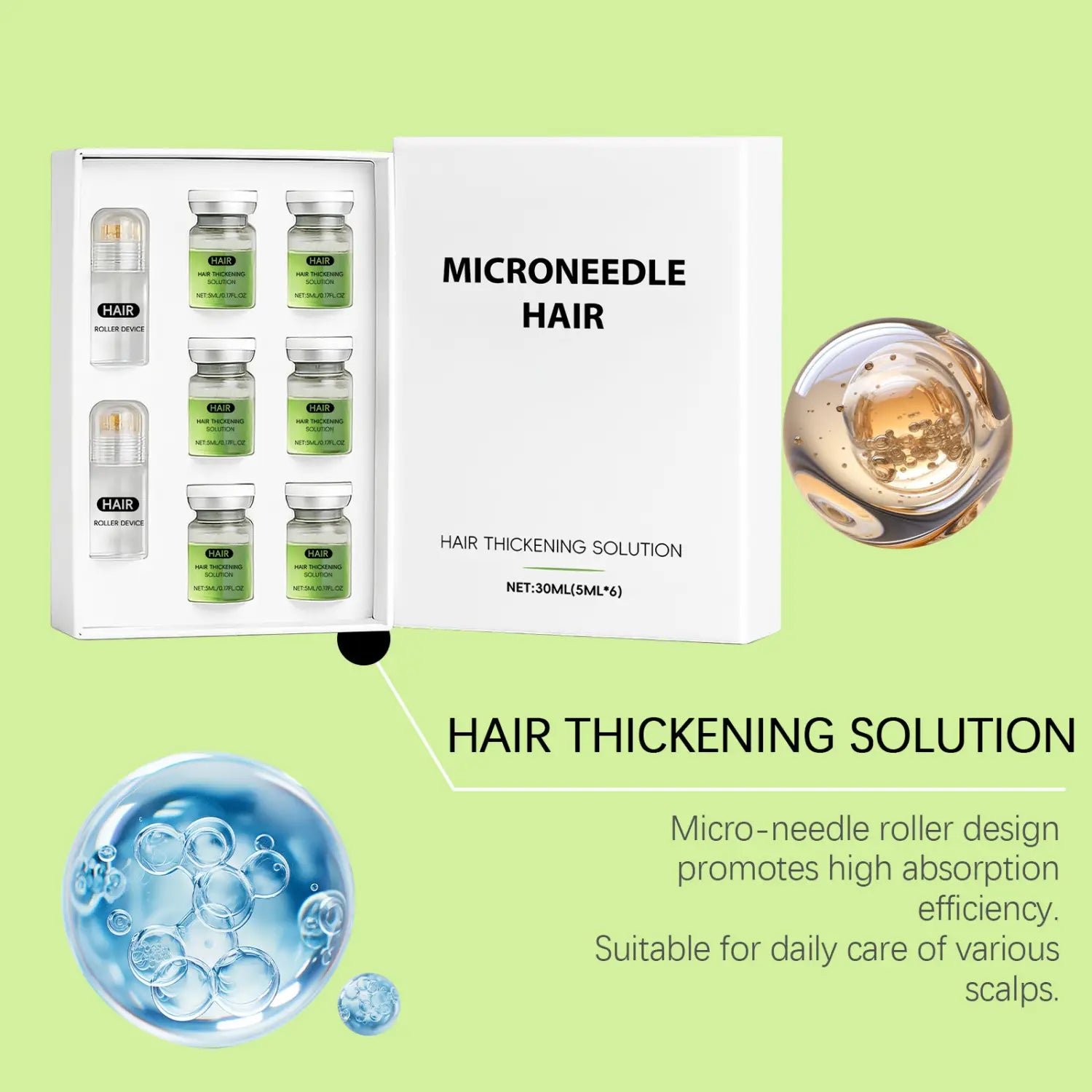 White box containing six green-labeled glass vials of microneedle hair thickening solution with a silver micro-needle roller device.