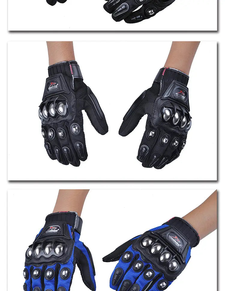 Alloy knuckle motorcycle riding gloves unisex showing the back side in black and blue with reinforced knuckle protection and metallic silver accents.