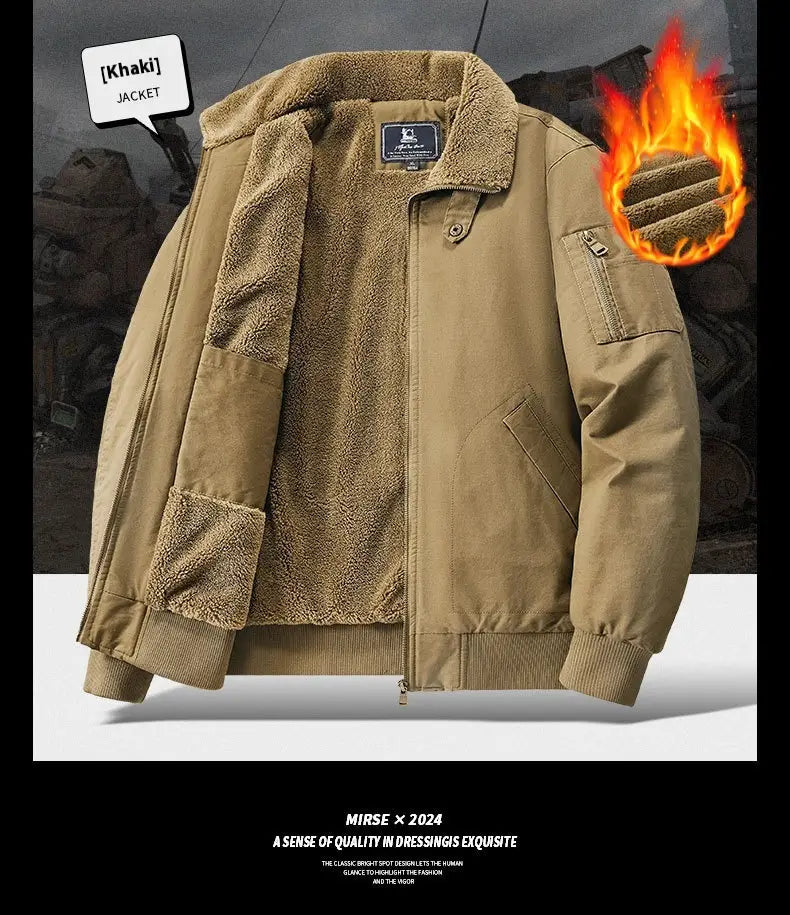 men cotton shearling bomber jacket in khaki color with fleece lining plush collar and ribbed cuffs.