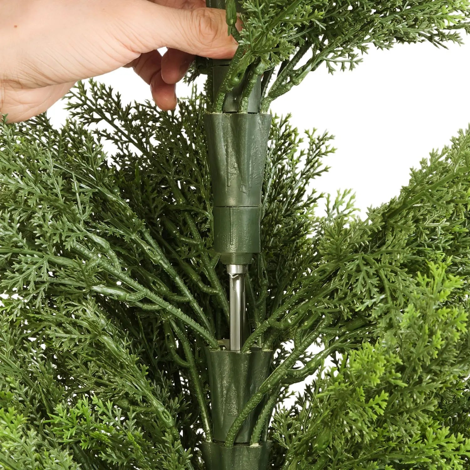 48 inch artificial topiary cedar trees set of 2 featuring green dense feathery foliage with a central plastic stem.