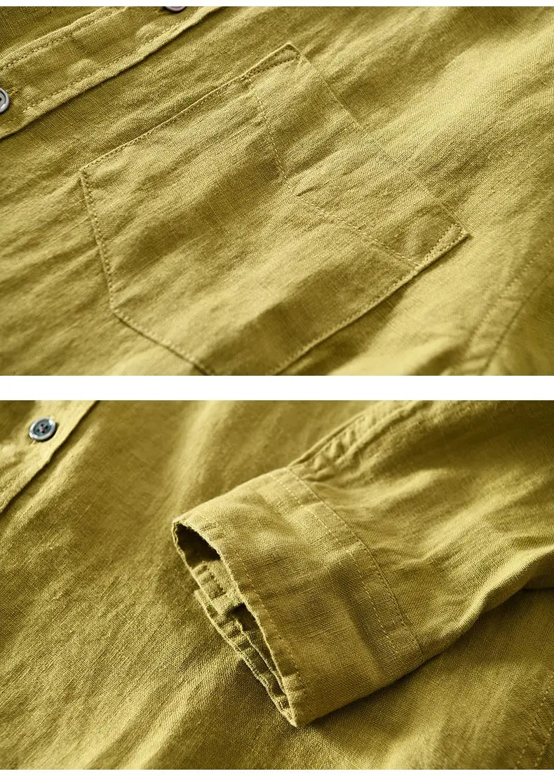 Herren-Cotton-Linen-Freizeithemd mit langen Ärmeln in Olivgrün mit dezenter Textur und sorgfältig genähter Tasche.