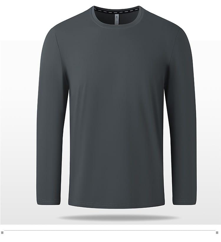 Camiseta de manga larga y cuello redondo tipo crew sólida en color gris oscuro, con un diseño minimalista y liso confeccionado con un material suave para el uso casual