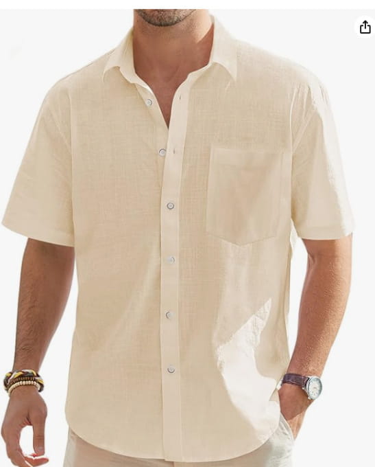 Beiges Herren-Cotton-Linen-Hemd mit kurzem Ärmel, mit Knopfleiste, Brusttasche und dezentem Strukturmuster.